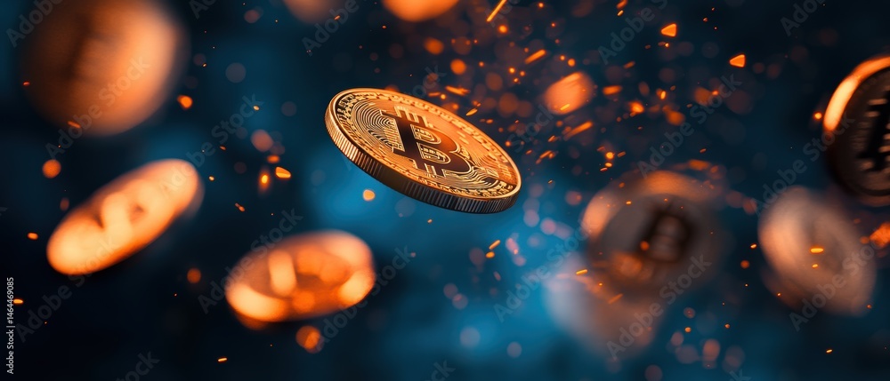 Poster bitcoin cryptocurrency coins flying through space with digital sparks representing blockchain techno