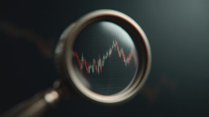 cinematic POV through a magnifying glass, focused on a digital monitor screen displaying dynamic stock market graphs with red and green candlestick patterns, no numbers visible.