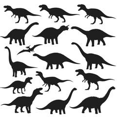 Dinosaur roaring in different positions, silhouette set vector. Big dinosaur standing silhouette collection on a white background. Historic carnivore animals full body silhouette bundles.