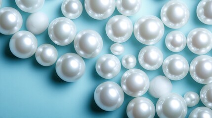 This stunning image captures a collection of lustrous white pearls elegantly arranged, reflecting sophistication and beauty in a serene, minimalist style.