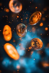 Bitcoin cryptocurrency coins flying in digital space with sparks, representing investment growth, blockchain technology, and financial innovation.