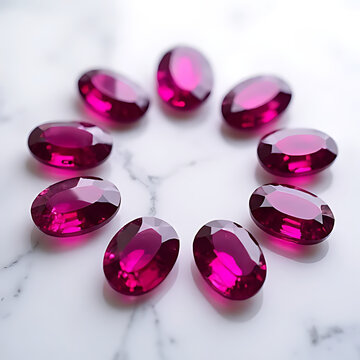 Vibrant ruby gems placed in a circular minimalist layout on white marble surface