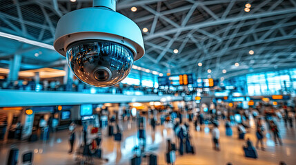 Security surveillance camera monitors busy airport terminal filled with travelers and digital displays announcing flights Generative AI