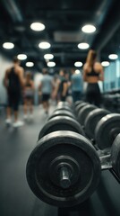 Fototapeta premium Close shot of a a dumbbell stand inside a gym full of people exercising, realistic faces, skins and outfits