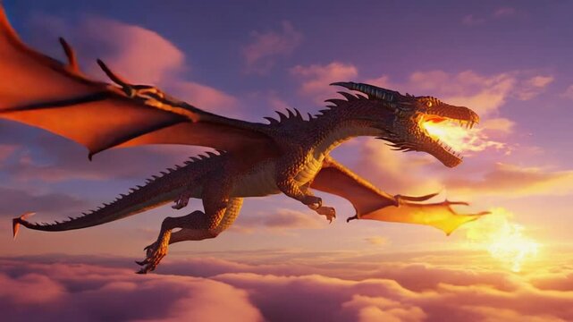 Dramatic animation of a powerful red dragon with large wings soaring over a fiery, volcanic landscape. Ideal for fantasy and intense creature visuals.