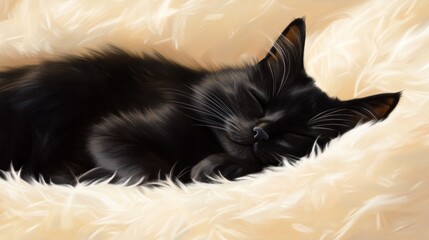 Sleepy black cat nestled in fluffy bed