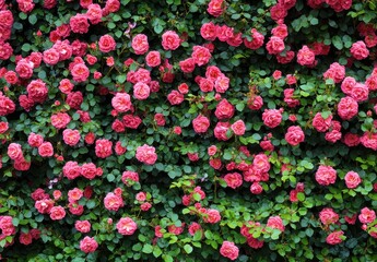 Vibrant Pink Roses Blossom Abundantly on a Lush Green Wall Creating a Breathtaking Floral Display in a Garden Setting Full of Nature's Beauty
