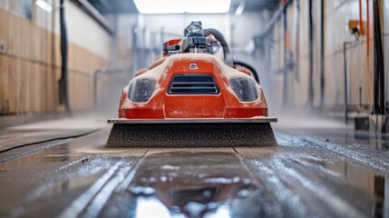 Industrial floor scrubber in a factory