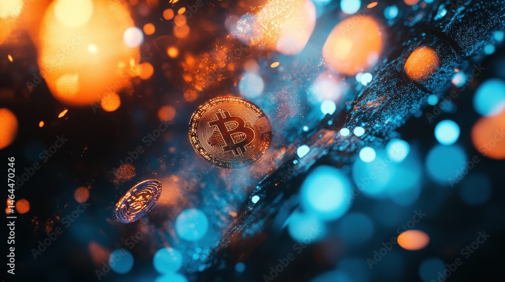 Aufkleber bitcoin cryptocurrency coins floating in abstract digital background with glowing bokeh lights, repr