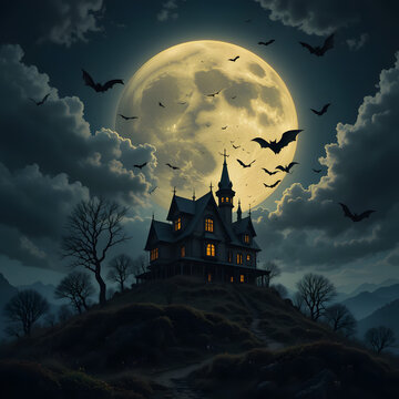 A dark Halloween night illustration shows a spooky haunted house silhouette with bats flying near a castle under the moon