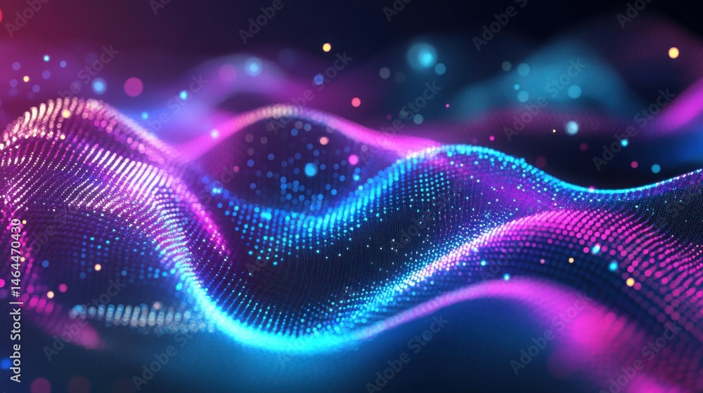 Poster abstract waves of glowing particles in blue and purple colors on a dark background creating depth. a