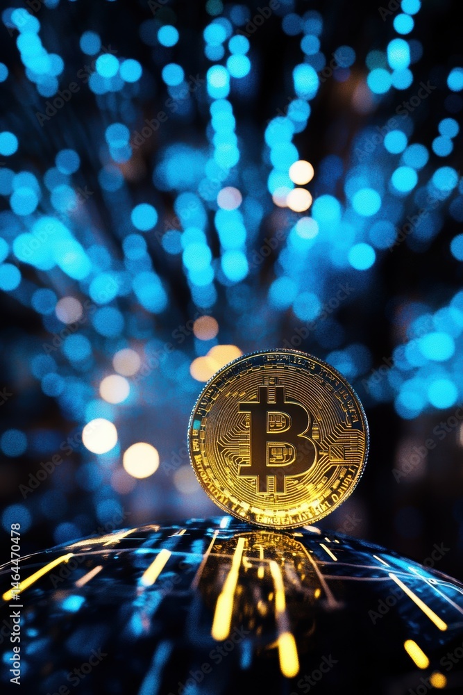 Poster bitcoin cryptocurrency coin with glowing lights and digital effects, representing blockchain technol