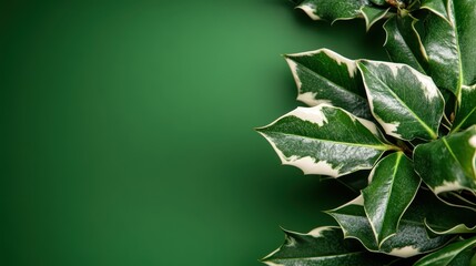 This striking image showcases variegated holly leaves with cream edges on a solid green background, adding a unique touch to festive decor and nature-inspired designs.