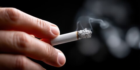 Close-up photo of a hand extinguishing a cigarette, with smoke in the background