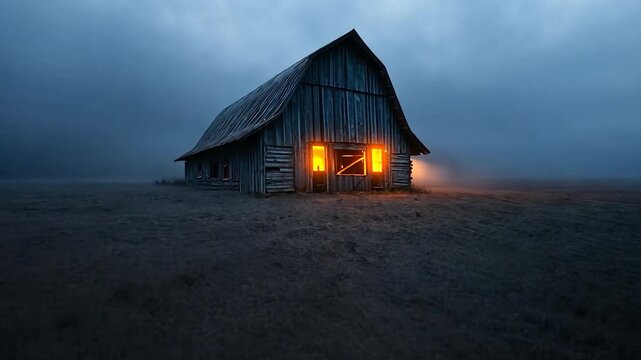 A dark, mysterious barn with lit windows stands alone in a foggy field at night. The scene is atmospheric and evokes a sense of solitude and mystery