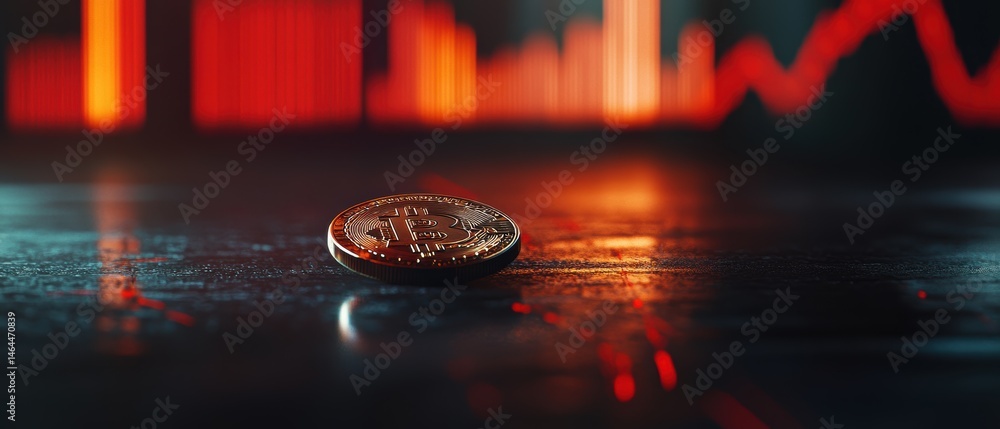 Poster bitcoin cryptocurrency coin on table with stock market graphs and data analytics background represen