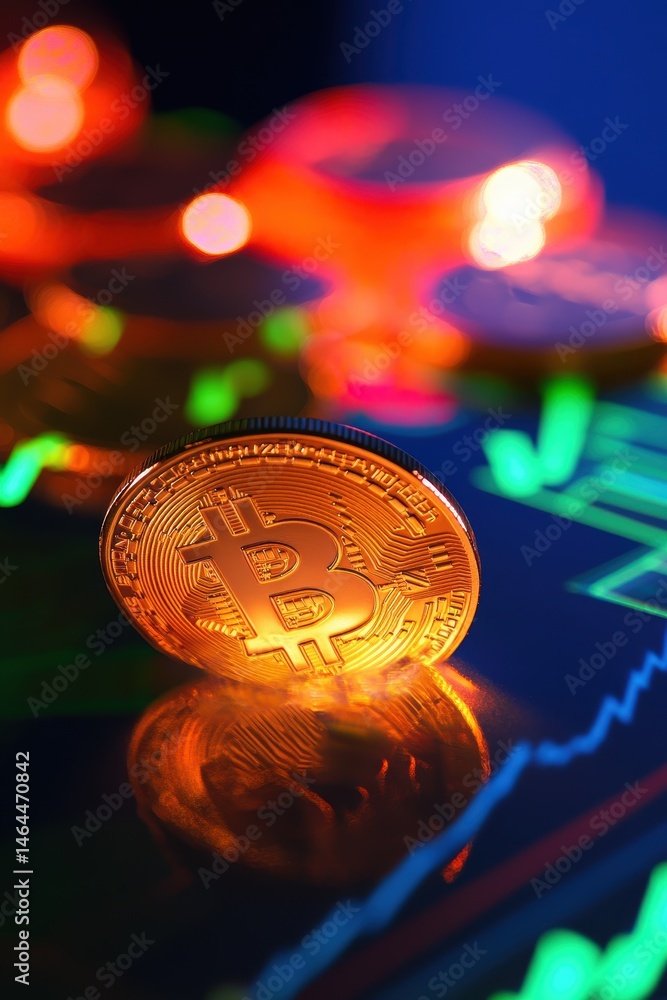 Poster bitcoin cryptocurrency coin reflecting light with stock market graphs in background showcasing digit