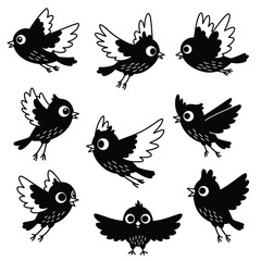 Bird in different pose black glyph cartoon set. Cute little flying birds. Hand drawn flat abstract icon. Modern trendy logo. Vector illustration