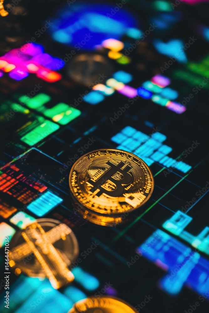 Poster bitcoin cryptocurrency coin on digital financial chart with colorful data visualization representing