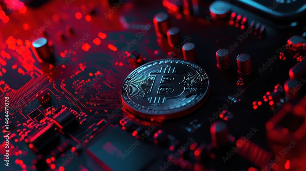 Poster bitcoin cryptocurrency coin on digital circuit board with vibrant red neon lights representing block