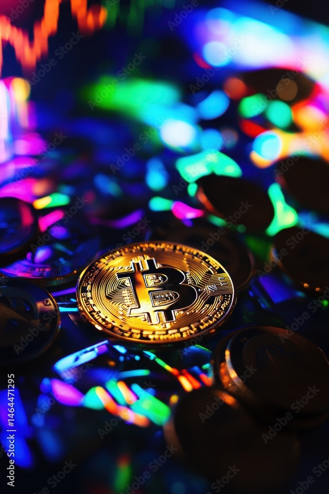 Poster bitcoin cryptocurrency coin on colorful background with digital financial graphs representing invest