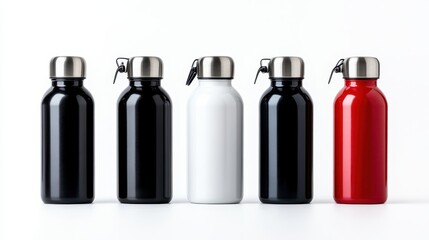 This image displays a stylish collection of vibrant water bottles, showcasing a blend of red, black, and white colors, emphasizing versatility and modern living.