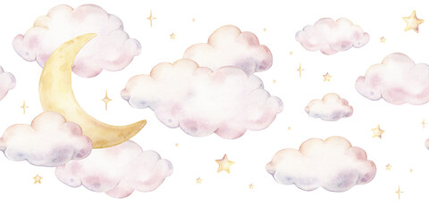 Watercolor sky seamless border with clouds, crescent moon, and scattered stars in pastel colors. Hand drawn Illustration of repeat Pattern for baby shower greeting cards or childish invitations.