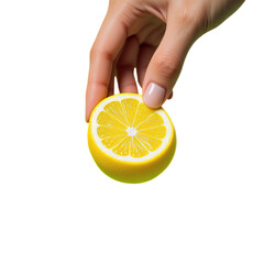 Hand Holding Lemon Slice, Transparent Background. Citrus Fruit.
