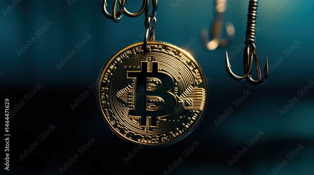Poster bitcoin cryptocurrency coin hanging on hooks symbolizing investment risk and trading challenges in d