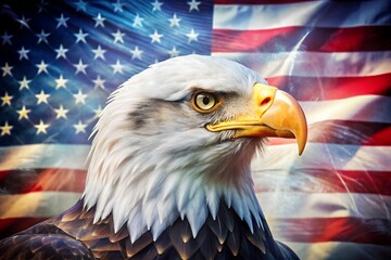 Naklejka premium Double Exposure Of Eagle And US Flag In A Modern