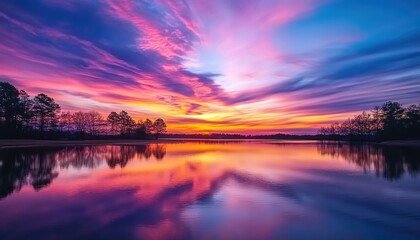 Fototapeta premium Serene lakeside sunset with pink-purple sky reflections and tree silhouettes.