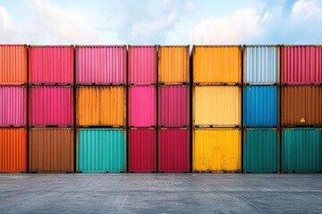 Fototapeta premium Containers stacked in vibrant colors against a clear sky at a shipping yard