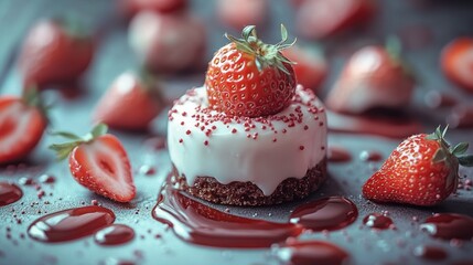 Delicate strawberry dessert with white icing and chocolate base, drizzled with red syrup