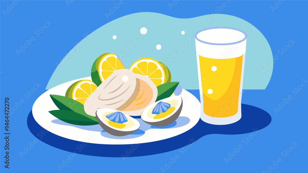 Poster a light refreshing pilsner served with a platter of briny oysters on the half shell.. vector illustr