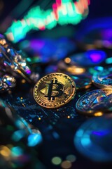 Bitcoin cryptocurrency coin close-up on colorful background with digital currency concepts, investing, blockchain technology, financial growth, wealth.