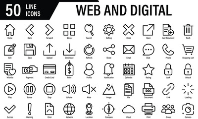 Collection of web and digital icons set in black line style. Website vector icons for computer and mobile