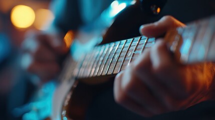 Fototapeta premium Electric Guitar Strings: a stage pulses with raw energy, electric guitar strings gleam under vibrant stage lights, fingers dance on the fretboard.