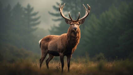 Red deer stag with impressive antlers in a wild forest meadow, an alert brown mammal of nature