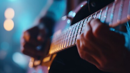 Electric Guitar Strings: a stage pulses with raw energy, electric guitar strings gleam under vibrant stage lights, fingers dance on the fretboard.