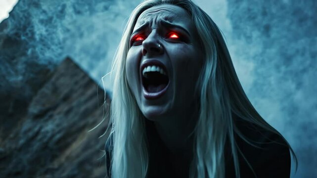 Screaming banshee with glowing red eyes in night