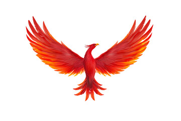 Fototapeta premium A vibrant red and orange phoenix with wings spread wide in a powerful, upward pose.