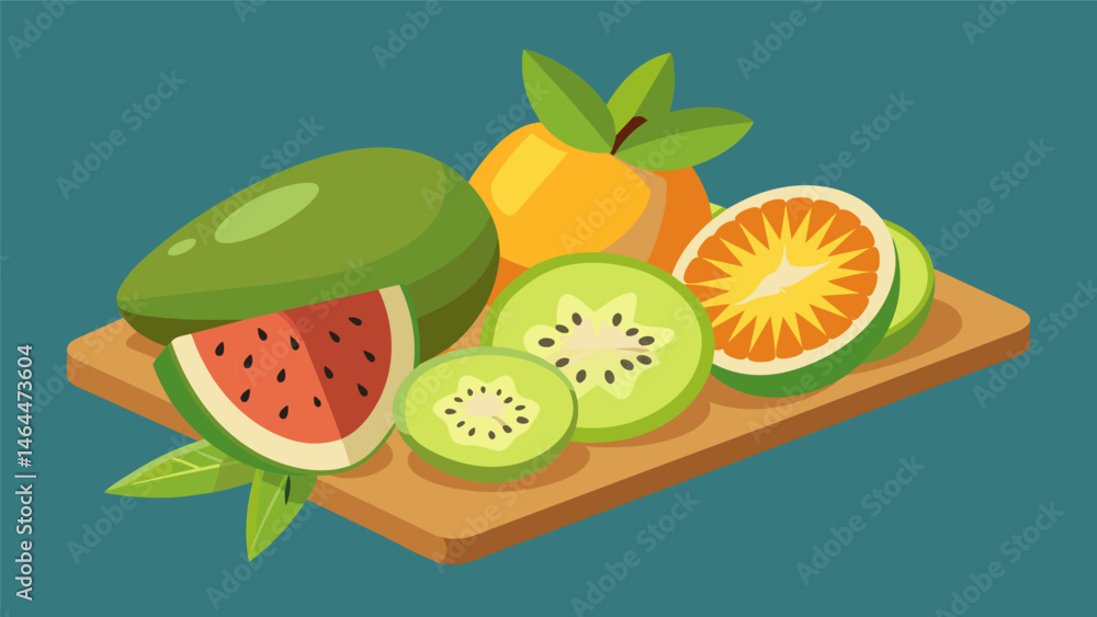 Poster a feast for the senses with a tropical fruit board featuring sliced kiwi guava and lychee.. vector i