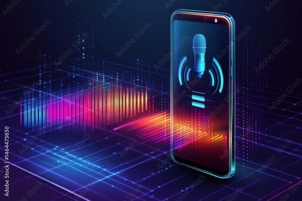 Poster modern voice assistant concept with sound waves emanating from a smartphone display