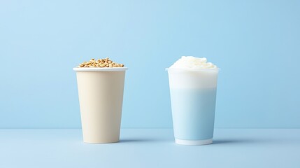 Two iced drinks on a light blue surface