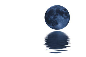 The moon appears blue and is reflected on a calm water surface.