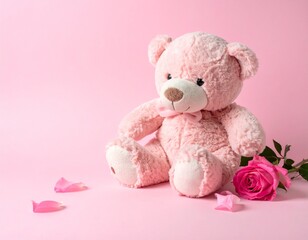 Adorable pink teddy bear sitting with a single rose and scattered petals&mdash;sweet and simple setup for love-themed or baby gift ideas