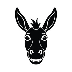 Black and white illustration of a happy smiling donkey head with long ears isolated