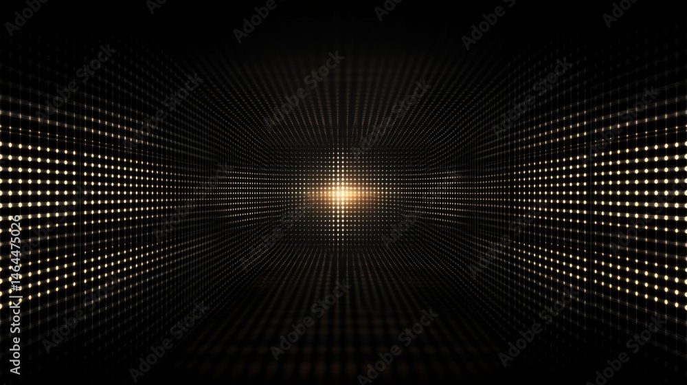 Poster abstract dark background with glowing dots creating a tunnel effect and bright light in the center. 
