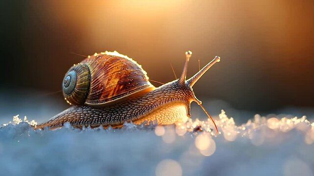 Close-up of a snail crawling on a white surface covered in dew, illuminated by warm morning light. The snail's shell glistens, and the background is softly blurred