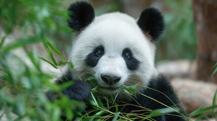Fototapeta premium Panda chewing bamboo stalk in enclosure 